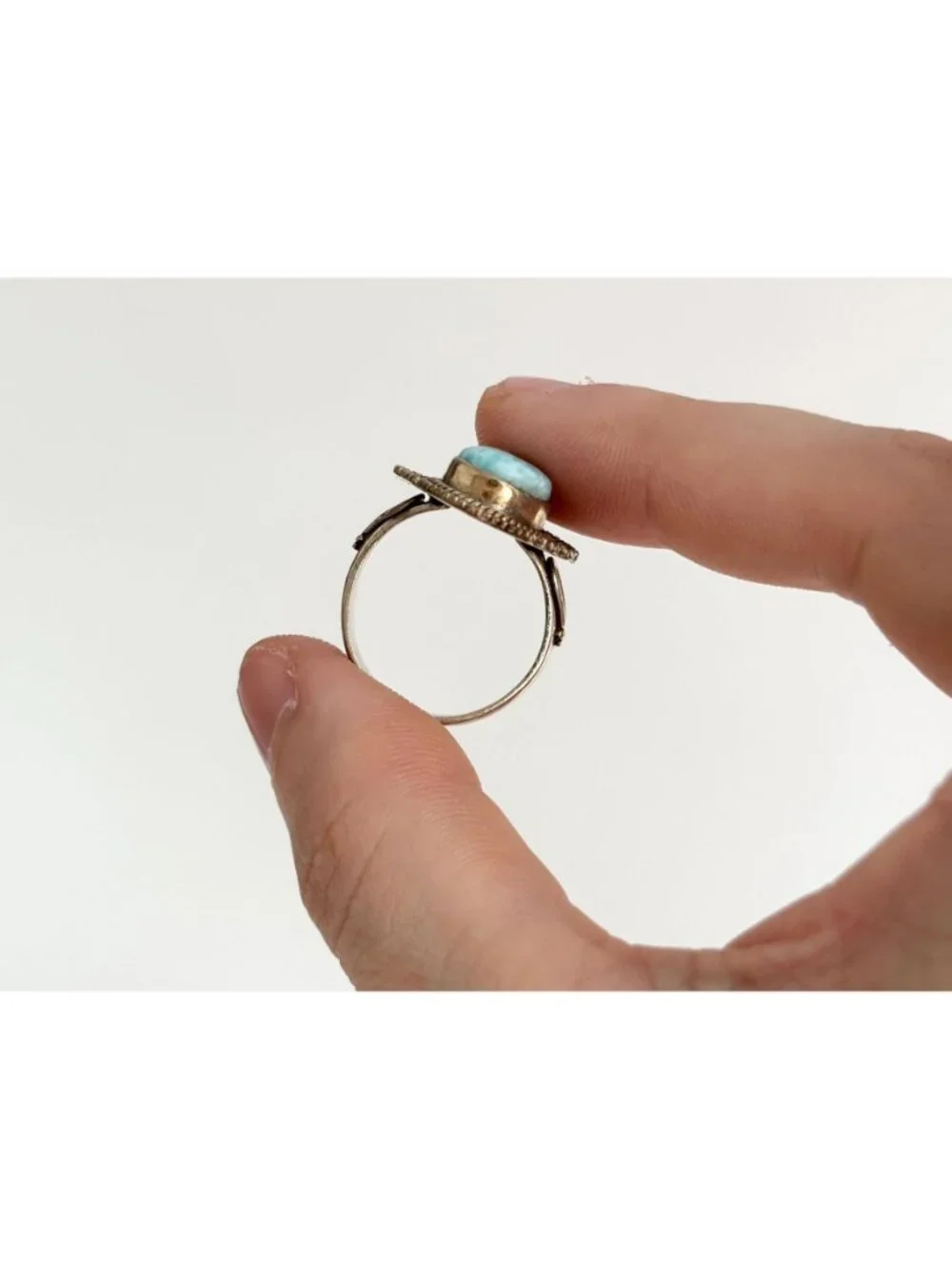 Blue Larimar Gemstone Scalloped Oxidized Sterling Silver 925 Vintage Ring - sz 8